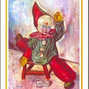 Vintage 1960s Lithograph Print Clown on Stool 10x8 in NOS